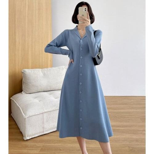 2021 autumn mid-length over-the-knee sweater skirt polo collar waist slimming knitted cardigan dress women