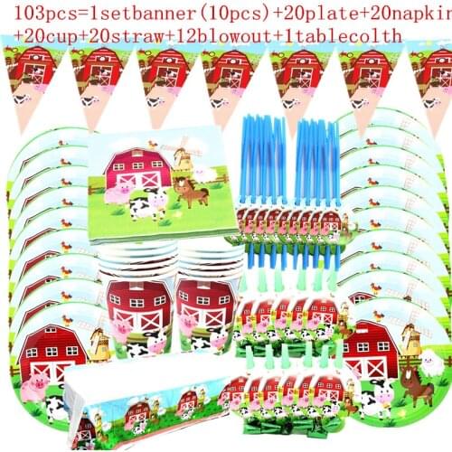 1set Farm Animals cow pig Birthday Themed party decor Tableware Set Plate Cup napkins Straw Party Props Baby Shower Supplies