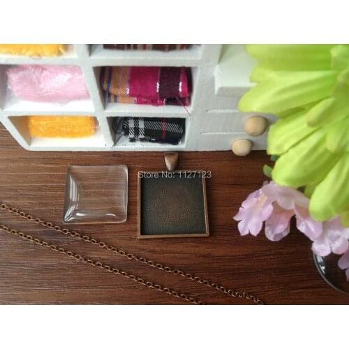 30 Sets,25mm Antique Copper Photo Pendant DIY Kits, Square, Cabochon Setting Metal Trays, Glass Cabochons, Metal Necklace Chains