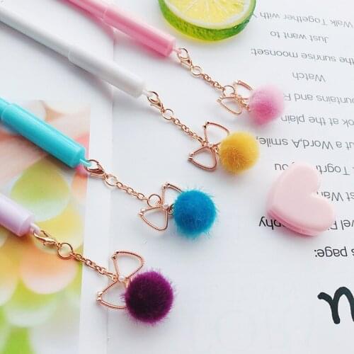 4pcs Lovely bowknot pendant pen ballpoint 0.5mm black color ink pens Pom Pom chain decoration Gift office school supplies A6840