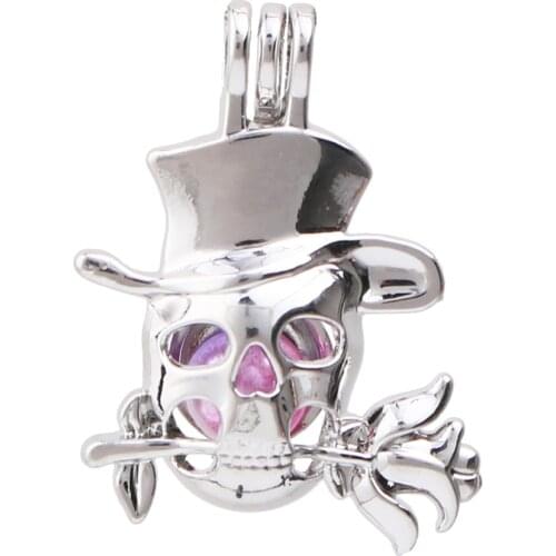 5pcs Silver Plated Halloween Skull Head Rose Flower Pearl Cage Pendant Bead Cage Lockets Essential Oil Diffuser Necklace Charms