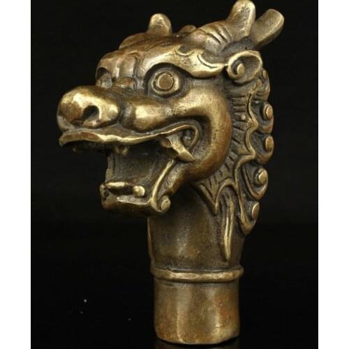 671115907*++Handwork Carving Bronze Fierce Dragon Statue Cane Walking Stick Amulet