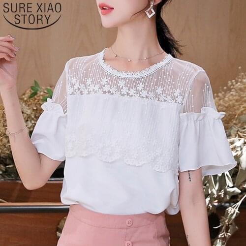 Blusas 2020 Summer New Fashion Korean Style Women Blouses O-Neck Spliced Lace Women Shirts Lady' Tops Sweet Floral Shirt 8611 50