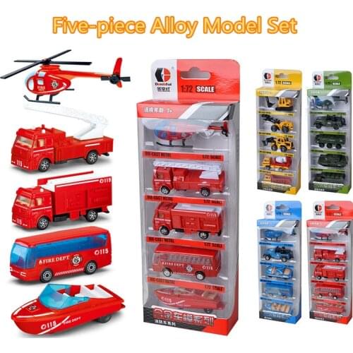 Childrens 1:48 Alloy ABS Inertial Return Model Simulation Vehicle Police Engineering Fire Five in One Die Cast Birthday Toy Set