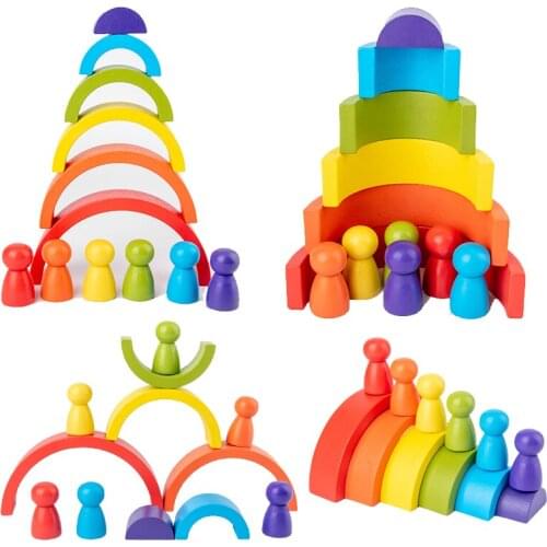 Children Wooden Rainbow Toy Rainbow Building Blocks Wooden Toys For Kids Creative Rainbow Stacker Montessori Educational Toy
