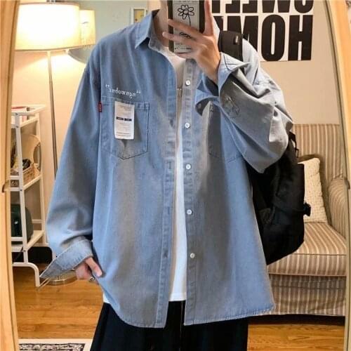 Denim Shirts For Men Loose Casual Long Sleeve Cargo Coat Thin Oversize Retro Men’s Clothes Trendy Streetwear Tops Four Seasons