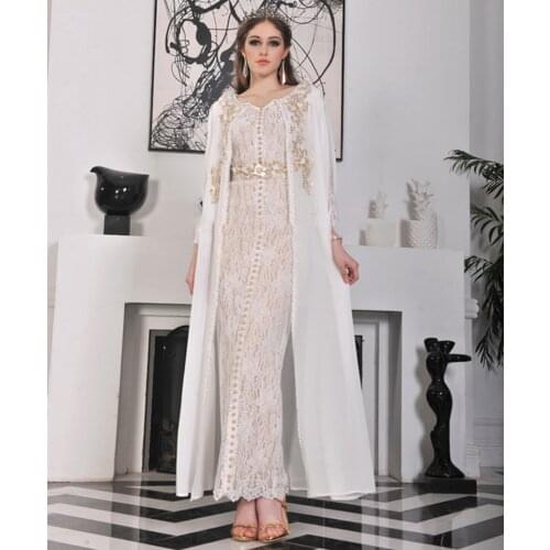 Elegant Arabic Kaftan Straight Formal Evening Dress For Women Cape Lace Chiffon Celebrity Party Gowns Gold Appliques Beads
