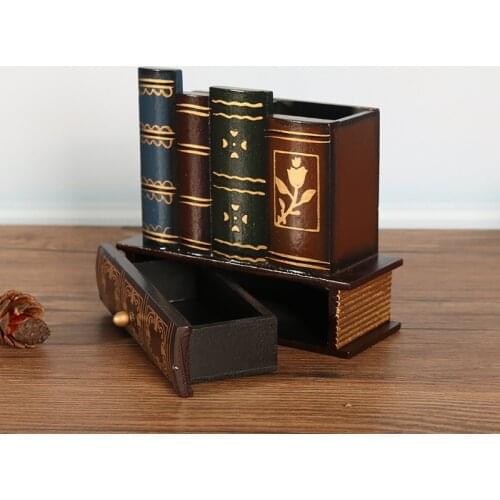 European retro wooden pen holder creative fake book multifunction drawer desk decorations Pen container classic office supplies