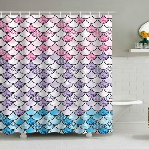 Gradient color fish scale printing shower curtain waterproof perforated free bathroom curtain curtain