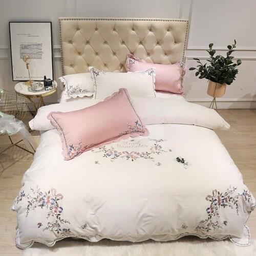 4Pcs Egyptian cotton Bedding Set Queen King Size girls Bed Set plants Embroidery Duvet Cover Bed Sheet Bed Linen