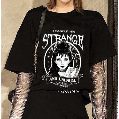 Kuakuayu HJN Beetlejuice I Myself Am Strange And Unusual Black T-Shirt Women Cute Grunge Gothic Tee Halloween Witch Shirt