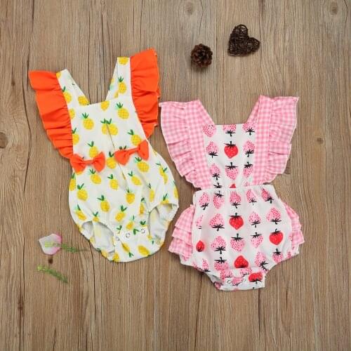 Summer Baby Girls Rompers Fruit Printed Ruffles Short Sleeve Backless Jumpsuits Baby Clothing 0-24M