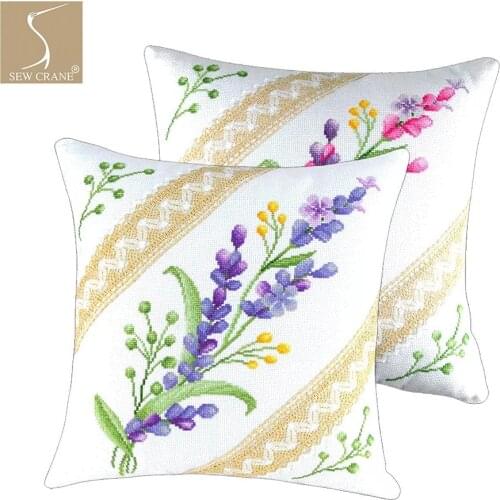 Wild Flower Lavender Stamped Cross Stitch Cushion Cover Floral Embroidery Kit Throw Pillow Set,Purple Pink Wildflower, 18inch