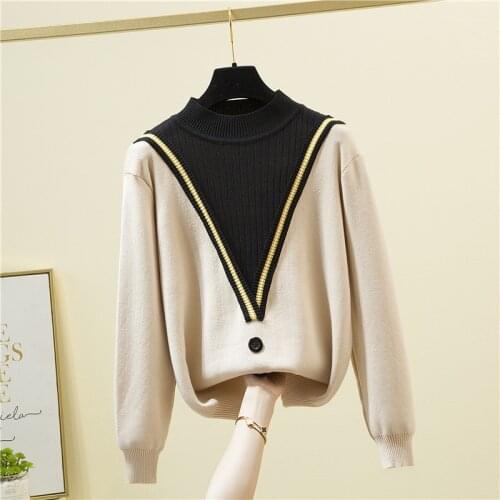 2021 Autumn Winter Cashmere Sweater Turtleneck Pullover Women Loose Long-sleeve Fake Two Pieces Sweater Knit Bottoming Shirt Top
