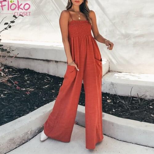 Flokocloset Sexy Loose Spaghetti Straps Jumpsuit Women Bodysuit Wide Leg Pants Casual Summer Sleeveless Solid Color Jumpsuits