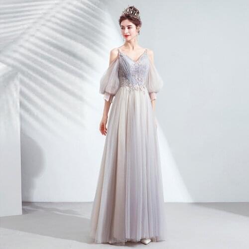 Sexy V-neck Evening Dress Robe De Soiree 2019 High Quality Grey Tulle With Applique Evening Dresses Real Photo