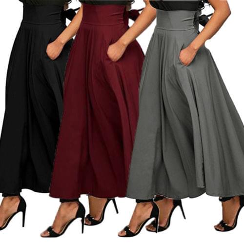Vintage Women Lady Stretch High Waist Skater Flared Pleated Swing Long Skirt Loose Casual Party Club Skirt