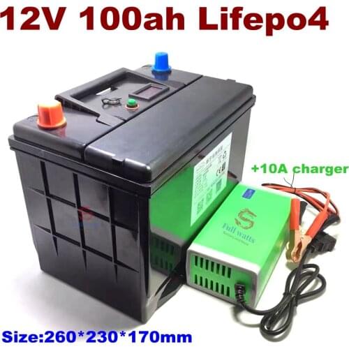 Waterproof case LCD display 12V 100Ah Lifepo4 battery pack with BMS for trolling motor boat inverter RV Golf car+10A Charger
