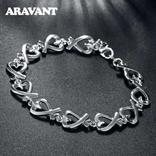 Women Bracelets 925 Silver Full Heart Link Chain Bracelet For Women Silver 925 Jewelry