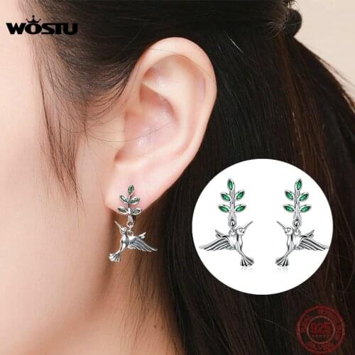 WOSTU 100% Real 925 Sterling Silver Green Leaves & Birds Stud Earrings for Women Birthday Forest Style Fresh Jewelry Gift CQE464