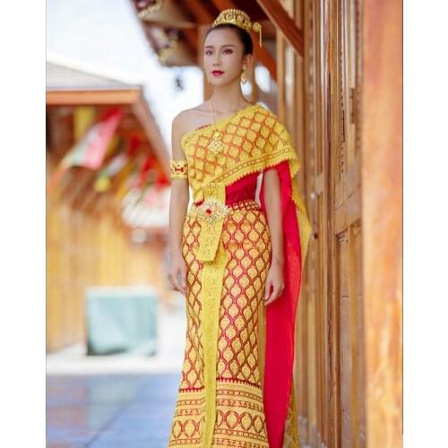 Thai Costume Wedding Dress Engagement One Shoulder Sleeveless Tops Shawl Red Gold Thailand Traditional Clothing for Women