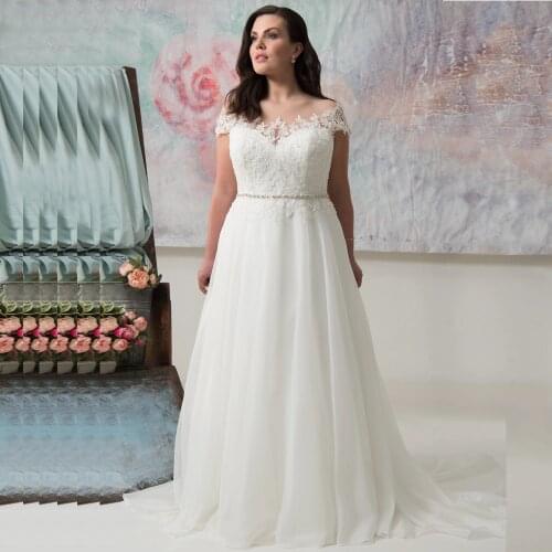 Elegant Plus Size Wedding Gowns Scoop Cap Sleeves Beaded Chiffon Bridal Dress with Appliques Vestido de Novia