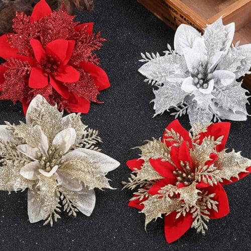 12Pcs Christmas Tree Ornaments Simulated Glitter Powder Xmas Flowers DIY Christmas Tree Hanging Pendant Artificial Flowers