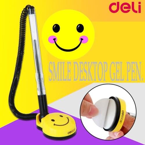 2pcs deli Happy Smile Face Base Gel Ink Pen Self Adhesive Desktop Pen Convenient Gel Pen Black 0.5mm Writing For Office Supplies