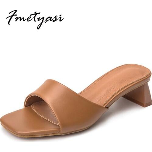 Sandals Women 2021 Patent Leather Medium Heel Sewing Chunky Heels Square Toe Ladies Pumps High Quality Leisure Fashion