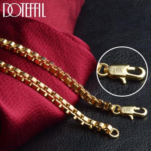 DOTEFFIL 925 Sterling Silver 20 Inch Gold 4MM Square Lattice Chain Necklace For Women Men Fashion Wedding Party Charm Jewelry