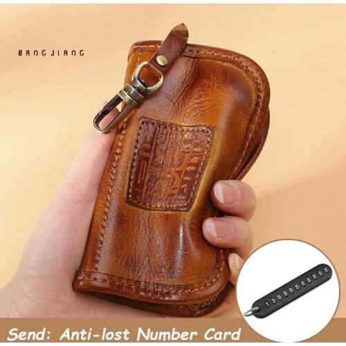 Handmade key holder mens genuine leather large capacity waist hanging car key case card case household key case