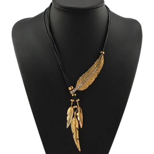 Black Rope leaf Feather Pendant Necklace For Women Trendy Bohemian Jewelry Gold color Female Choker Necklace Collares