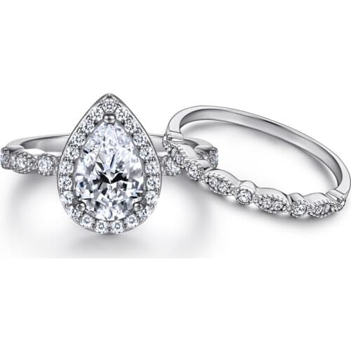 925 Sterling Silver Color Simulation Diamond 6*9 MM Pear Cut Set Ring Wedding Jewelry Anniversary Gift