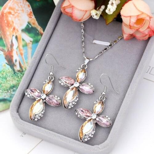 Hesiod Romantic Crystal Flower Jewelry Sets for Women Silver-color Chain Champagne Pendant Necklace Earrings Jewelry Sets
