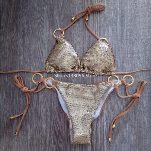 Sexy Shiny Sequins Rings Bikini Women Bandage Swimsuit Female Swimwear Two Pieces Bikini Set Brazilian Bathing Suit Swim Lady