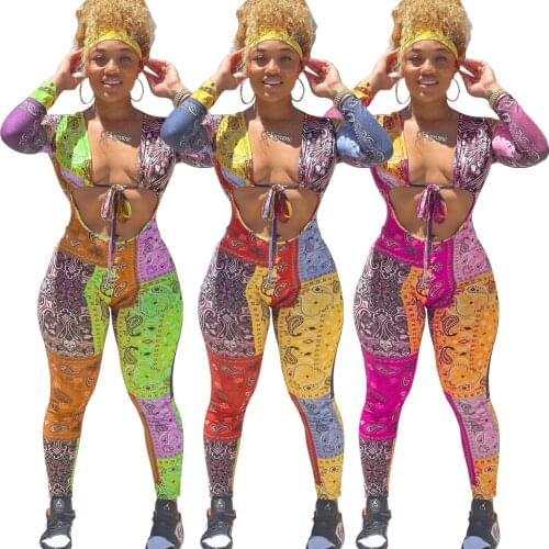 Fashion Floral Print Streetwear Romper Sexy V Neck Lace Up Hollow Out Long Sleeve Leggings Slim Jumpsuit Women Club Outfits