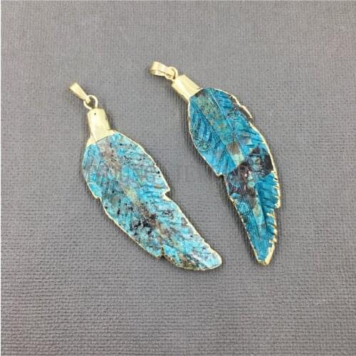 MY0984 Carved Feather Shape Ocean Jaspers Pendant Charm,Blue Leaf Gold Bezel Pendant