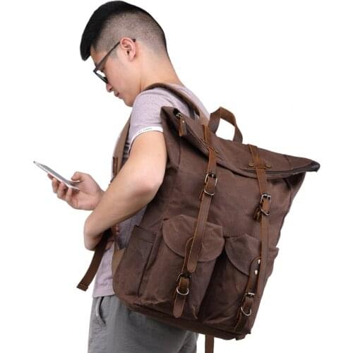 Nesitu High Quality Casual New Vintage Coffee Grey Army Green Wax Canvas 14'' 15.6'' Laptop Women Men Backpack Travel Bags M7173