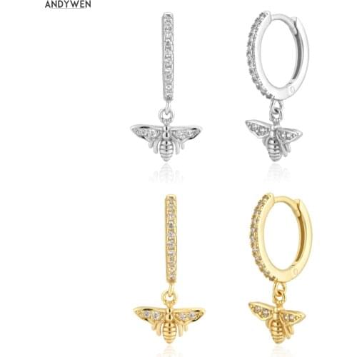 ANDYWEN 200 New 925 Sterling Silver Gold Bees Pendant Pendiente Piercing Ohrringe Women Fashion Jewels Round Luxury Jewels
