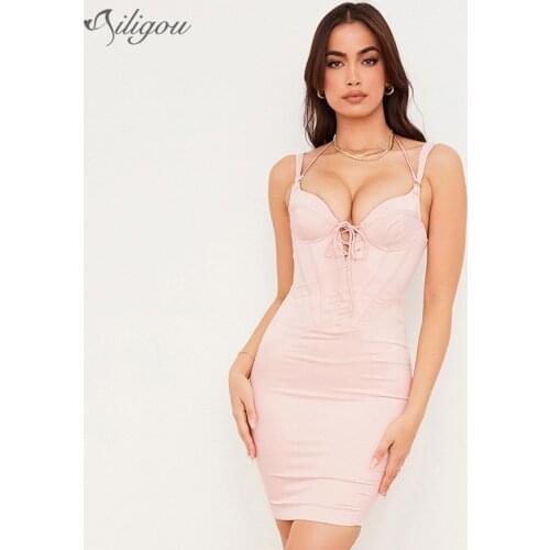 Ailigou New Fashion Solid Color Sexy Sleeveless Hollow Suspender Mid-Length Waist Dress For Ladies Party Christmas Vestido Dress