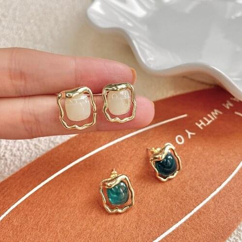 Origin Summer Minimalist Irregular Geometric Shiny Opal Earrings for Women Gold Color Metal Square Stud Earrings Brincos 2021