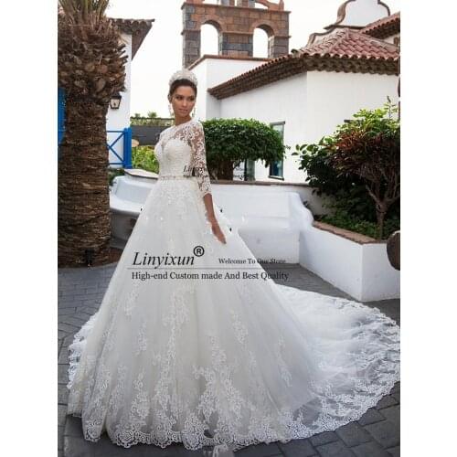 Luxury Wedding Dress With Lace Beading Princess Ball Gown O-neck Full Sleeve Bride Gowns Sashes Bow Lace Up With Plus Size