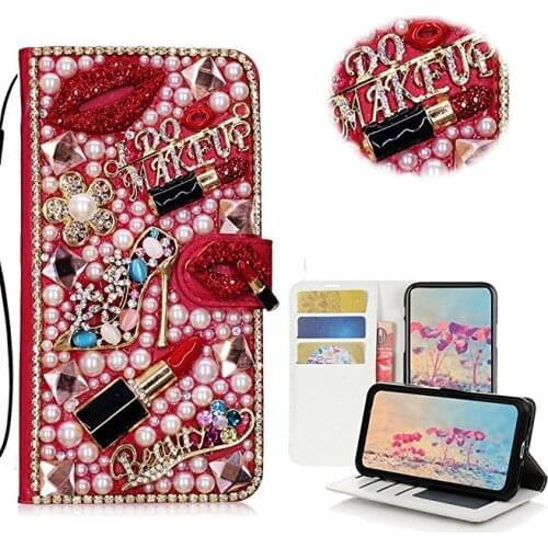 Luxury Fashion Diamond Kiss Lipstick High Heel Flower Handbag Wallet Leather Case Cover For Samsung Galaxy S21 Ultra S21 Plus