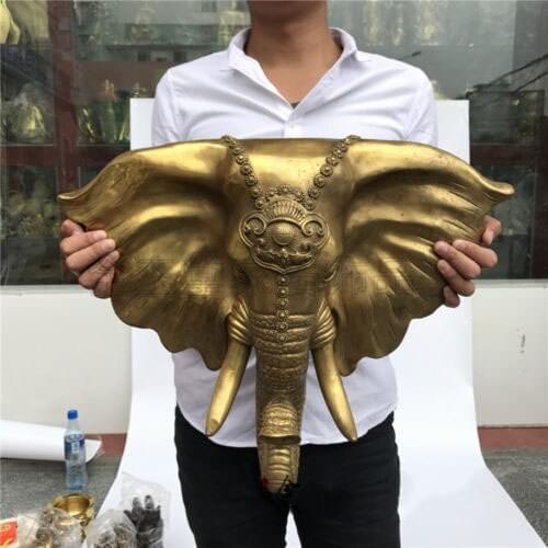 Christmas 22" Collect China Fengshui Brass Copper Lucky Elephant Head Statue Wall Hanging new Year