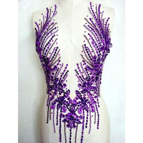 Bridal Dress Full Body Designer Applique V-Collar Rhinestone Bodice Applique On Mesh Gold/Royal Blue/Champagne/Purple/White