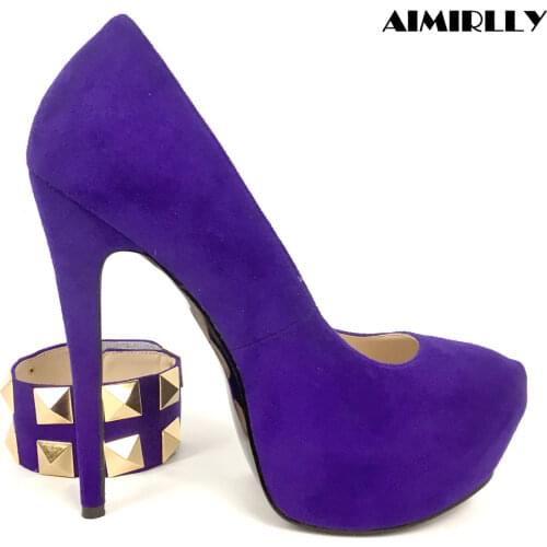 Women Shoes High Heels Platform Pumps Stilettos Female Shoes Metal Rivets Ankle Circle Decoration Purple Faux Suede Aimirlly