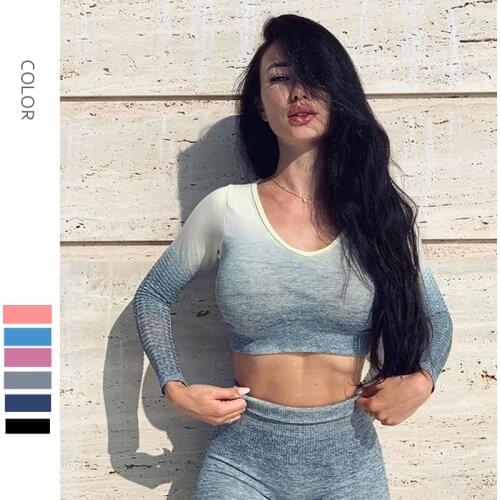 Gradient Or Solid Color Fitness Yoga Shirt Hollow Long Sleeve Crop Top For Women Gym Running Athletic Suit Female Sport Shirt