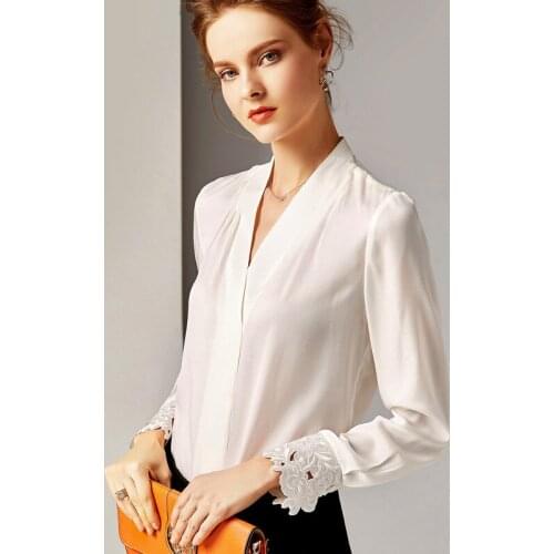 Mulberry Silk Shirt Women Clothes 2021 White Lace V-neck Long-Sleeved Summer Spring Pure Color Vintage Lady Silk Shirt Top