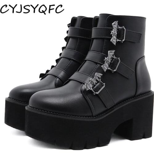 CYJSYQFC Metal Decoration Bat Demonia Boots Women Platform Black Punk Gothic Ankle Strap Belt Buckle Woman Short Boots Plus Size