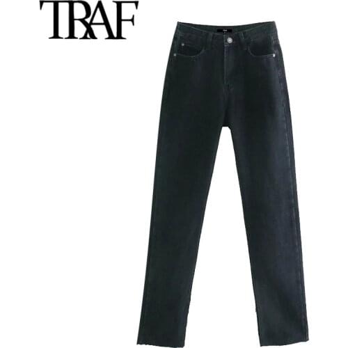 TRAF Women Chic Fashion Denim Pants With Hem Vents Flared Jeans Vintage High Waist Zipper Fly Female Trousers Mujer